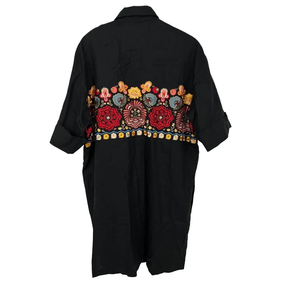 Andrea Jovine Black Linen Embroidered Floral Shirt Dress Tunic Size 14 - CJ - Picture 8 of 8